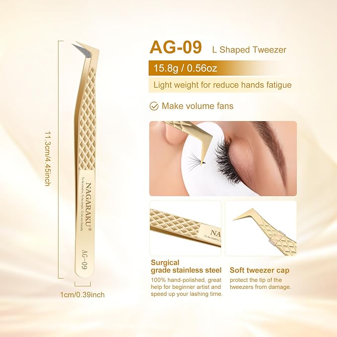 NAGARAKU Precision Fiber Tip Tweezer for Eyelash Extensions Diamond Grip Anti-Static Anti-Slip Premium Stainless Steel Pointed Volume Eyelashes Boot Tweezers Supplies with Box(L Typ Tweezers AG-09)