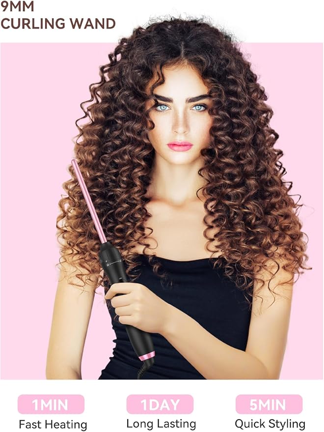 LANDOT Small Pencil Curling Wand Iron: 9mm Clip Free Hair Curler - Professional 3/8 Inch Curling Wand for Tight Curls - Includes Heat Resistant Silicone Mat & Glove