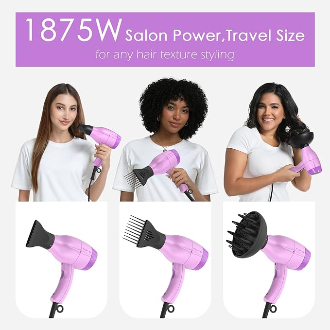 TOME Hair Dryer with Diffuser Blow Dryer Ionic 1875W Cool Shot Curly Hair Teeth Comb Nozzle attachments Light Weight Low Noise Fast Dry Purple