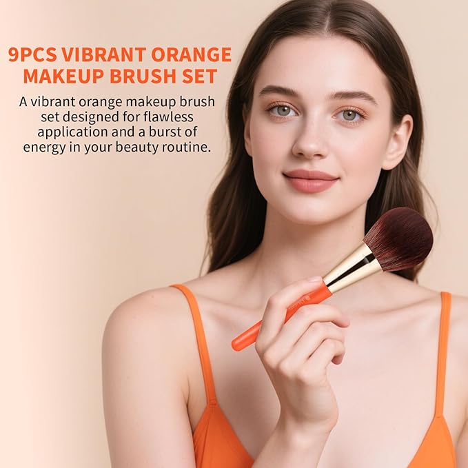 DUcare Travel Makeup Brushes with Pouch, 9Pcs Vegan Makeup Brush Set - Face & Eye Brush Kit for Powder Contour Blush Concealer Eyeshadow Blending & Detailing, Synthetic Bristles,Orange