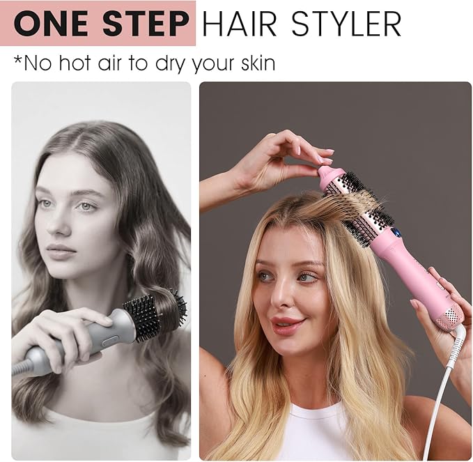 Thermal Brush for Less Damage, 1.5 Inch Heated Round Brush for Blowout Look, Heated Curling Styler with 800M Negative Ions & Ceramic for Volumizing, Easy to Use, Dual Voltage (Youthful Pink)