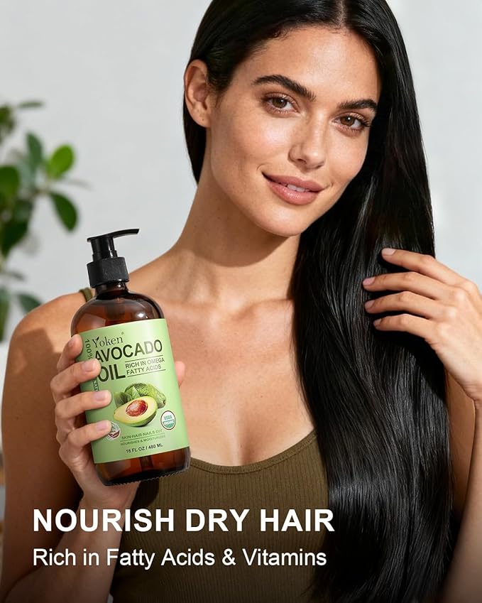 USDA Organic Avocado Oil Cold Pressed 16oz Glass Bottle - Non Greasy Moisturizing Carrier oils for Essential Oils Mixing, Unscented Body oil for Dry Scalp, Hair & Skin Hydrating, aceite para cabello