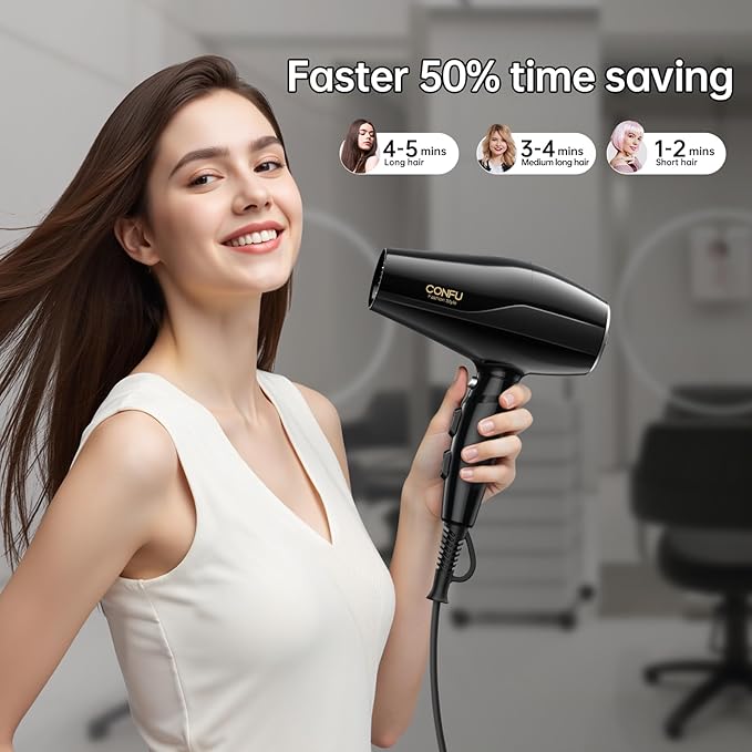 Professional Salon Hair Dryer, CONFU 1875 Watt Negative Ionic Fast Drying Blow Dryer, AC Motor Low Noise Hair Blow Dryer with Diffuser & 2 Concentrator Nozzles