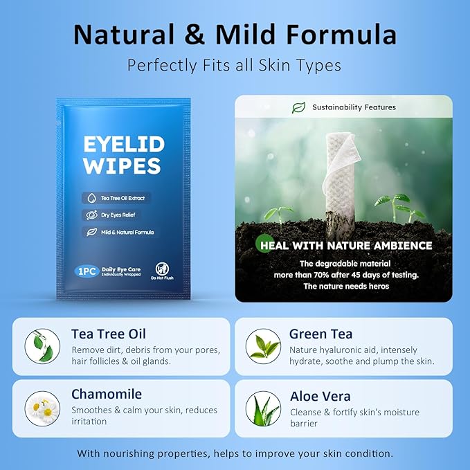14PCS Tea Tree Oil Eyelid Wipes for Itchy & Dry Eyes, Pre-Moistened Wipes for Styes & Blepharitis, Daily Eye Cleansing Wipe, Hypoallergenic & Soothing For Sensitive Eyes, Stay Hydrated Lid Wipe