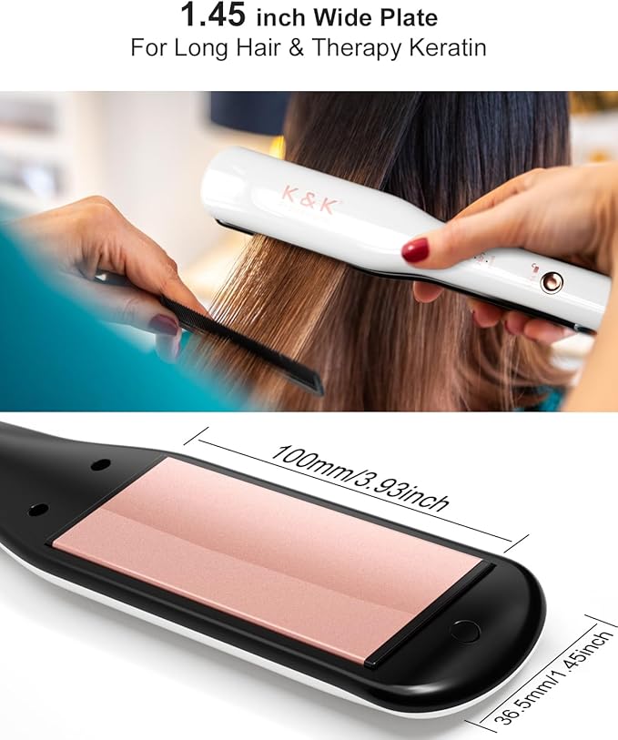 K&K Wide Hair Straightener Iron, Ceramic Tourmaline Coating 1.5 Inch Flat Iron for Long Hair, Professional Keratin Therapy Straighteners for Less Frizz, Shinier & Smoother Hair, Hair Styling Tools