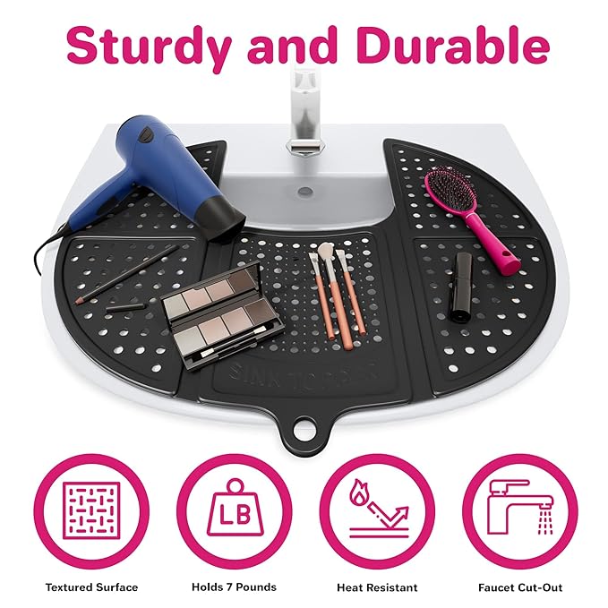 Sink Topper Bathroom Sink Cover for Counter Space & Storage Saver | RV Must Haves | Silicone Foldable Beauty Makeup Brush Cleaning Mat | Hot Tools Organizer | RV Sink Cover | Standard, Black