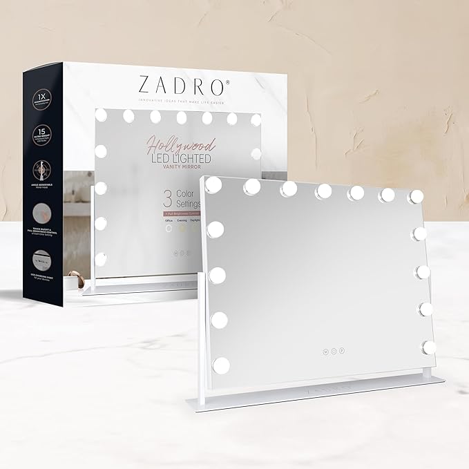 Zadro Hollywood Lighted Vanity Mirror with 15 LED Bulbs, 3 Color Light Settings, 360° Rotation Makeup Mirror Head (26" H x 20" W | 1X | Neutral)