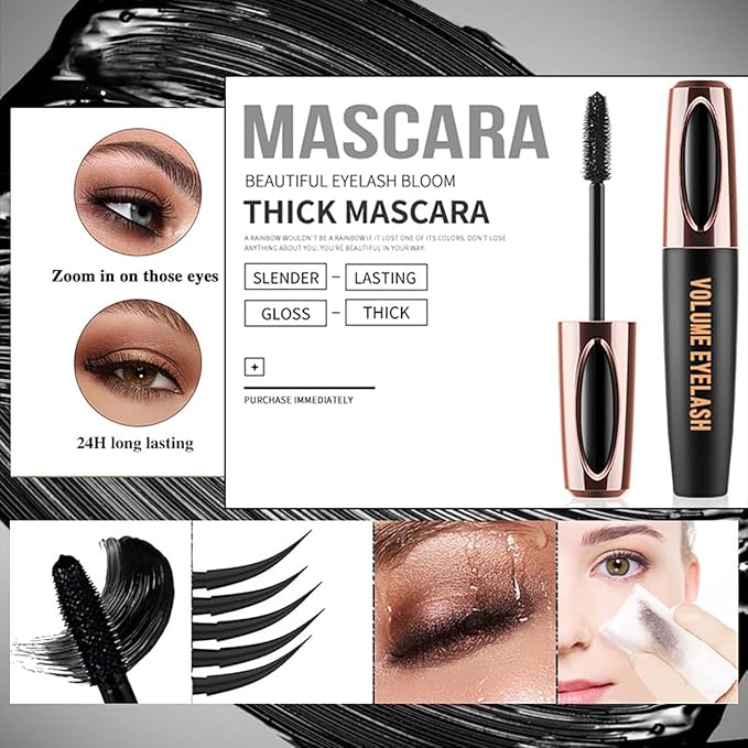 4D Silk Fiber Lash Mascara Extension Voluminous Mascara Waterproof & Smudge-Proof Long-Lasting 24 Hours No Flaking Longer Thicker Eyelashes,All Day Exquisitely Full (3 Packs)