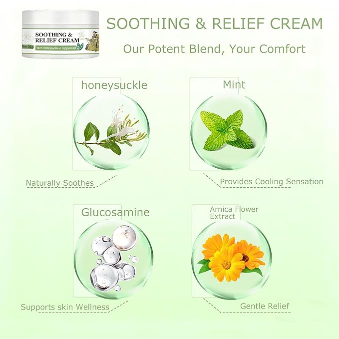 Soothing Relief Cream with Honeysuckle & Calendula, Cooling Anti Itch for Sensitive Skin,Moisturizing Cream for Various Parts of the Body, Fast-Absorbing & Non-Greasy Formula