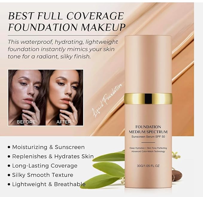 ABBASI & CO 4-in-1 Color-Changing Foundation – Medium Spectrum Shade with SPF 50+ - Anti-Aging, Hydrating, Full-Coverage Foundation Makeup Liquid & Concealer - Ideal for Sports & Dancing –1PC (30ml)
