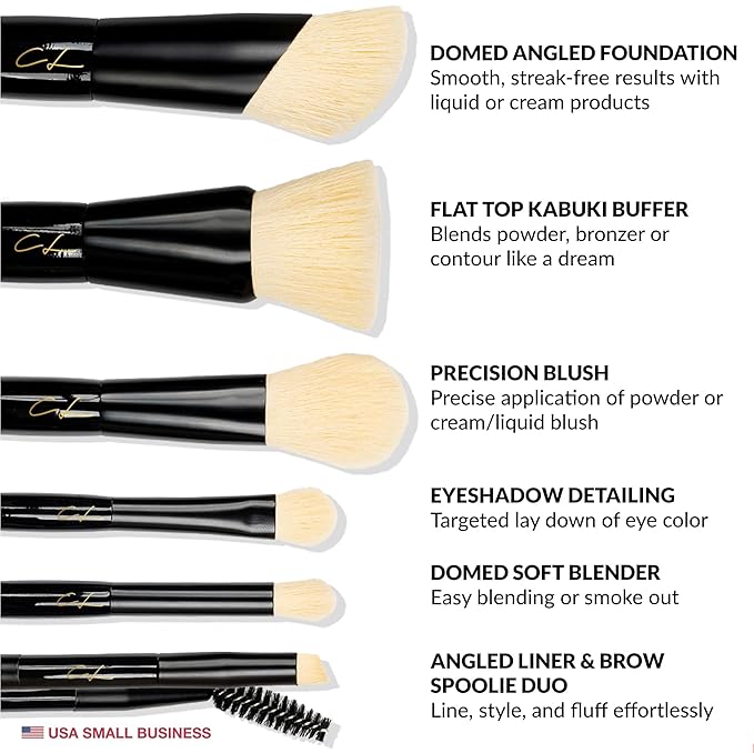 IN THE CLOUDS Travel Makeup Brushes Set + Case | Professional 7 Mini Foundation, Blush, Eyeshadow, Contour, Eyelining, Brow Brush | Short Handle Brush Set for Nearsighted | Soft for Sensitive Skin