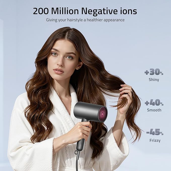 CONFU Diffuser Hair Dryer for Curly Hair,1500W Fast Drying Blow Dryer with Diffuser for Women,Compact & Portable Negative Ion Hairdryer Blowdryer,Lightweight and Foldable Design for Travel(Gray)