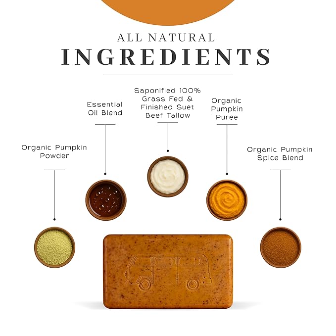 VanMan Pumpkin Spice Body Soap - Grass Fed Finished Suet Beef Tallow & Pumpkin Puree - Nourishing, Hydrating & Moisturizing Natural Bar Soap with Essential Oils - Autumn Scent - 3.8 oz Bar (3 Pack)