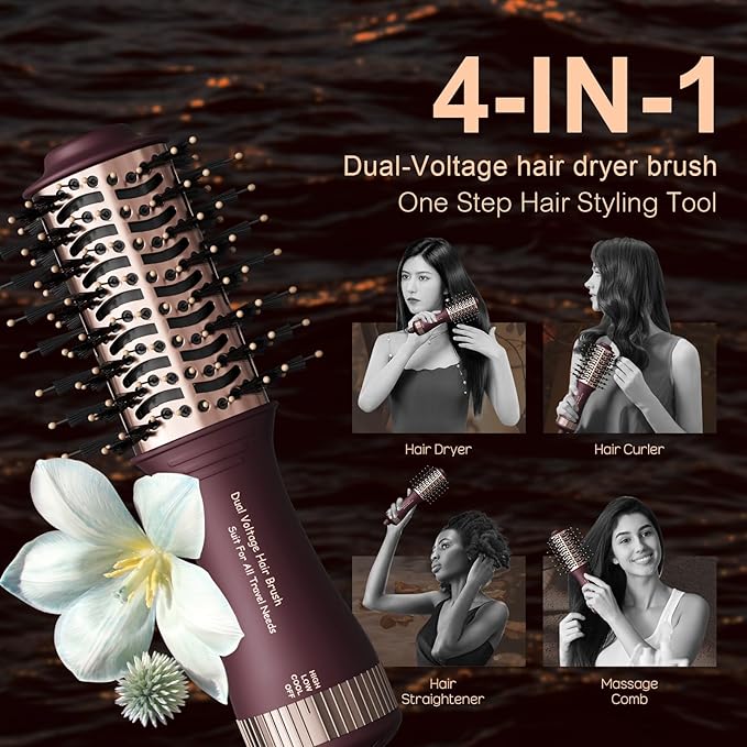 Travel Dual Voltage Hair Dryer Brush 4-in-1 Portable Mini Hot Air Blow Dryer Straightener & Curler Brush, Automático Doble Voltaje Cepillo Secador De Cabello 110~240V US/EU/UK -Blackcurrant Rose Gold