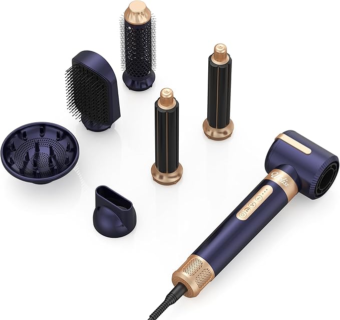 Hair Dryer Brush 7 in 1，110000 RPM Hair Dryer with Diffuser for Curly & Twisted Hair Professional Ionic Brush Blow Dryer for Salon-Quality Styling (Blue Gold)