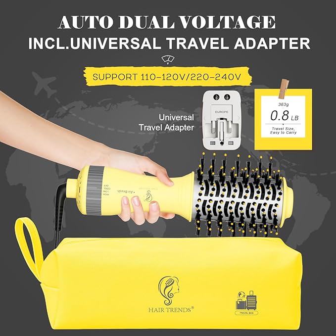 Portable Mini Travel Blow Dryer Brush for Women, Light Weight Dual Voltage 110V-120V/220V-240V Hot Air Brush with International Power Adaptor