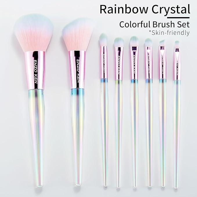 Rainbow Crystal Makeup Brushes Set Professional, Vegan Makeup Brush Set with Case by ENZO KEN, Bedazzled Cosmetic Brushes Makeup Set, Sparkly Make up Brushes Set Professional, Makeup Brush Set Vegan.