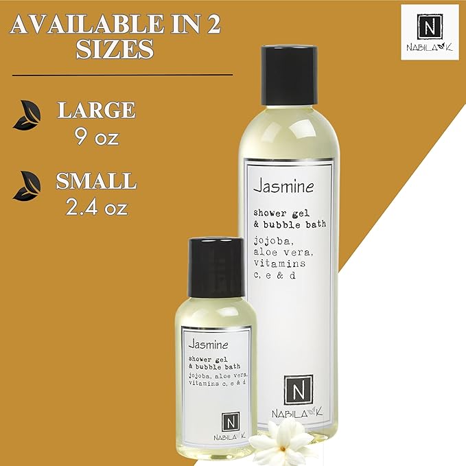 Nabila K Jasmine Shower Gel & Bubble Bath, 9 oz – Non-Drying Body Wash with Jojoba, Aloe Vera & Vitamins – Naturally-Derived, Sulfate-Free – Made in USA – For Men & Women