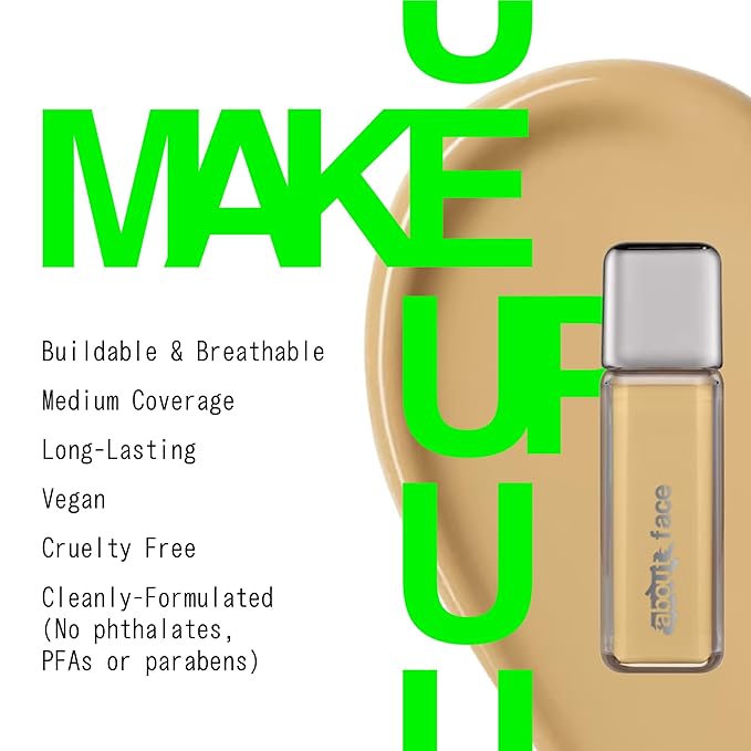 about-face THE PERFORMER Skin-Focused Foundation LM2Olive – Medium Coverage, Long-Wear, Breathable & Buildable Base – Clean, Vegan, Hydrating Formula with Blue Agave & Chlorella – 1.08oz