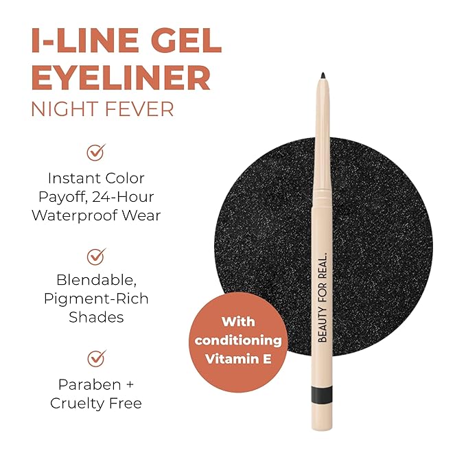 Beauty For Real I-Line 24-7 Eyeliner, Night Fever - Black with Rose Gold Sparkles - Long-Wearing, Waterproof Gel Formula - Safe for Sensitive Eyes & Contact Lens Wearers - 0.01 oz