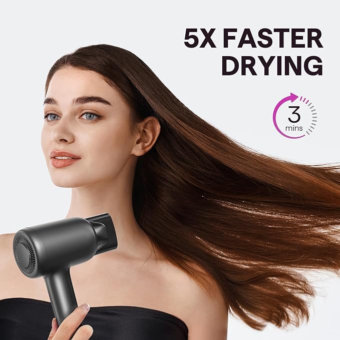 Hair Dryer, Wavytalk Turblow Pro Fast Drying Blow Dryer with Diffuser, High Speed Hair Dryer with 110,000 RPM, Pro Negative Ions for Reduces Damage, Frizz Smoothing, 3 Speeds & 3 Temps, Matte Grey