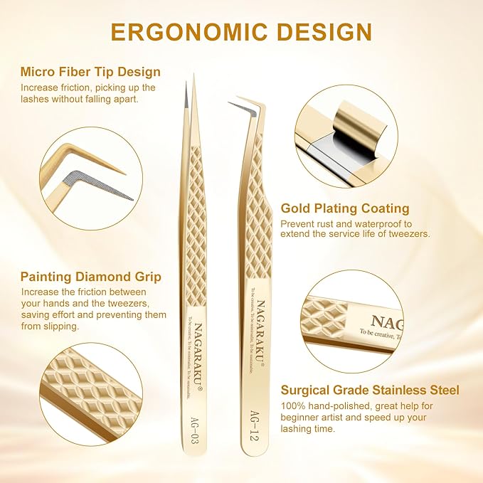 NAGARAKU Eyelash Tweezers, 1 Pair Precision Fiber Tip Tweezer for Lash Extensions Antistatic Anti-Slip Pinzas with Box -Straight Tip & 85 Degree Long Tip Tweezers AG-03 & AG-012