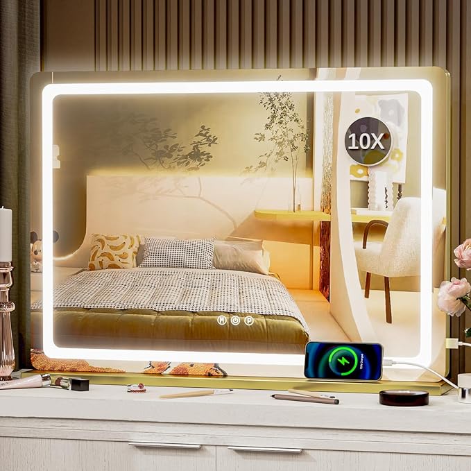 Makeup Vanity Mirror with USB Charging Port 24" x 19" Large LED Makeup Mirror, Desk Mirorr with Lights, Light up Mirror with 10X Magnification and, Dimmable 3 Modes, Touch Control Gold