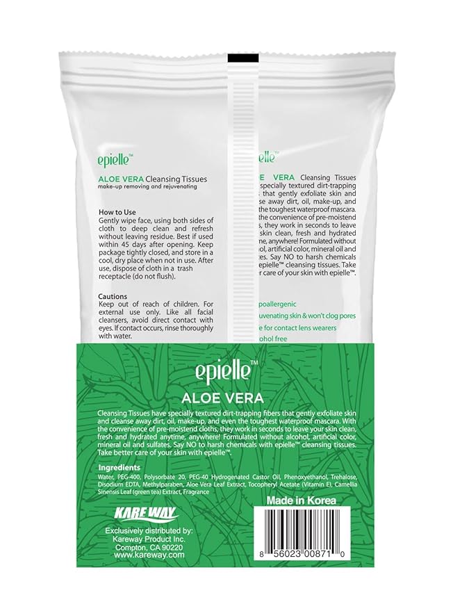 Epielle Aloe Vera Makeup Remover Wipes, Gentle Daily Facial Cleanser Towelettes, Remove Dirt, Oil & Waterproof Mascara, Stocking Stuffers, 60 Count (Pack of 2)