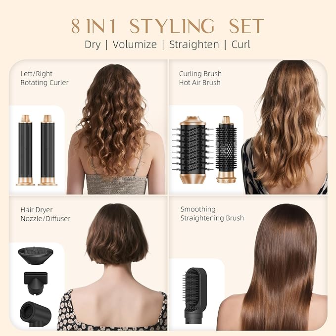 RUCHA 8 in 1 Hair Nora Styler & Hair Dryer Brush Blow Dryer, 110000 RPM High-Speed Hot Air Brush and Auto Wrap Curlers, Negative Ions Hot Brush Styler for Curling Volumizing Straightening Drying
