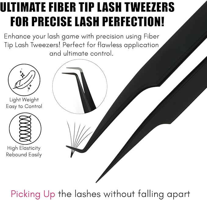 My Lash Tools Fiber Tip Lash Tweezers for Eyelash Extension Curved 90 Degree Angle Boot Tweezer Best for Volume, Individual Isolation & Classic Lashes Stainless Steel Lash Supply (Black 2x Set)