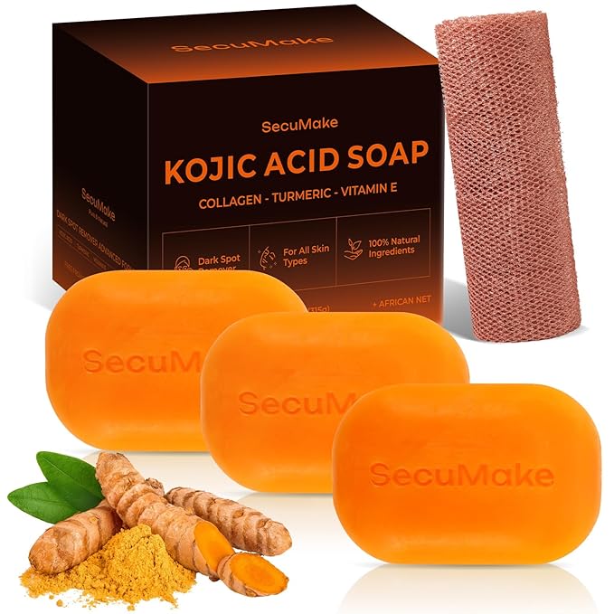 Kojic Acid Soap, Turmeric Soap for Dark Spots with Vitamin C & Shea Butter, Paraben & Sulfate-Free - 3 Bars with African Net Sponge