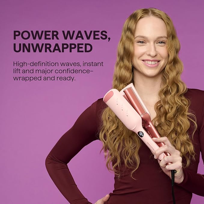Wavytalk Power Wave Hair Crimper, Curling Iron Waver for Women, Beach Waves Curling Wand, Ventilation Design for Less Damage, Ionic Reduces Frizz, Effortless-Curler, Dual Voltage Crimping Iron, Pink