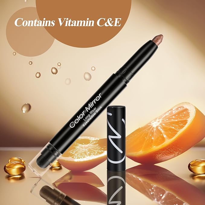 Cream Waterproof Hypoallergenic Eyeshadow Stick, long wear Metallic Glitter Matte Eye Shadow Pencil With Makeup Brush, Eye Brightener, 17 Bronze Shimmer