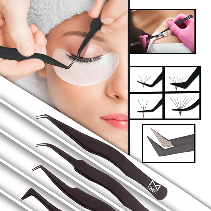 M LASH Eyelash Tweezers for Eyelash Extensions (Set of 4) - Professional Lash Extension Tweezers - Fiber Tip Lash Tweezers, Japanese Steel, Diamond Grip For Flawless Application (Multi Color)