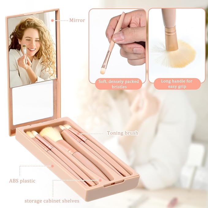 Travel Makeup Brush Set Apricot 5 Pcs Mini Makeup Brushes with Case and Mirror Portable Small Complete Function Cosmetic Brushes Kit Basic Cosmetic Profesional Tools for On The Go
