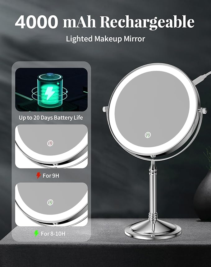 DOWRY 4000 mAh Rechargeable Lighted Makeup Mirror 20x Magnification Vanity Mirror Tabletop Two-Sided Swivel Gifts for Women Wife Mom Teengirls Chrome