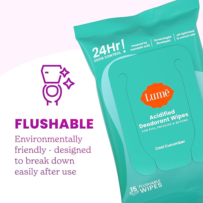 Lume Whole Body Deodorant - Smooth Solid Stick & Flushable Deodorant Wipes - Doctor Developed - Aluminum Free, Baking Soda Free, Skin Loving - 2.6 Ounce (Unscented) 15 Count Wipes (Cool Cucumber)
