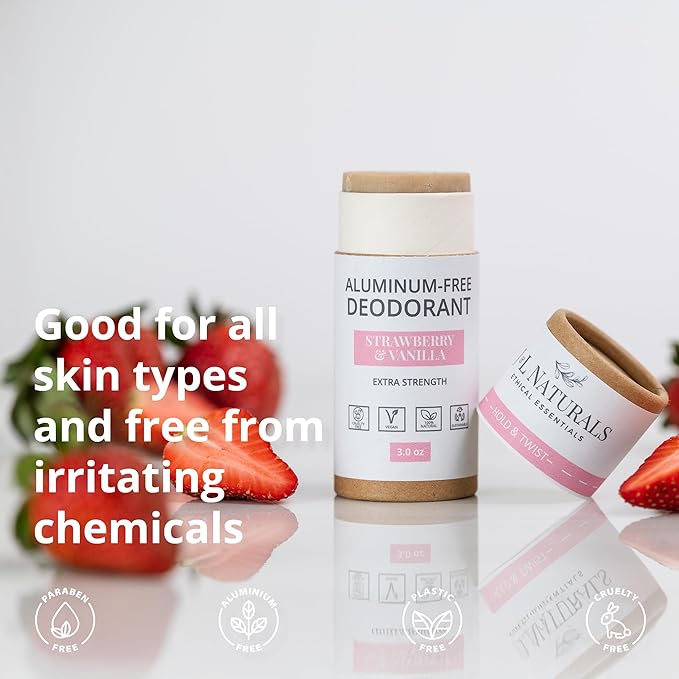 J&L Naturals Aluminum Free Deodorant for Men & Women | 100% Natural Ingredients With Coconut Oil, Shea Butter, & Essential Oils | Sustainable, Eco-Friendly (Strawberry & Vanilla, 3.0 Oz (Pack of 4))