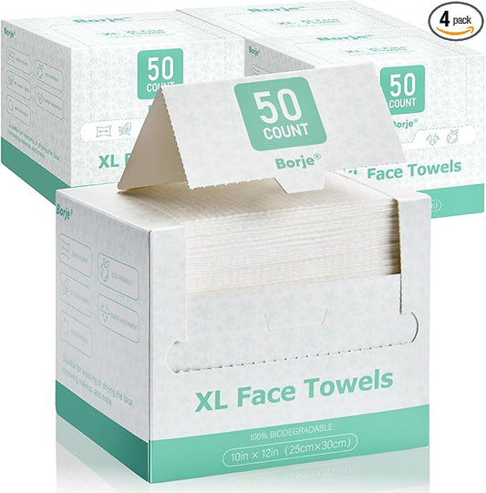 Borje Soft Face Towels XL, Thick Disposable Face Towel 10" x 12", 200 Count (4 Packs of 50), 100% USDA Biobased Facial Towelettes, Makeup Remover Wipes for Women Cleansing