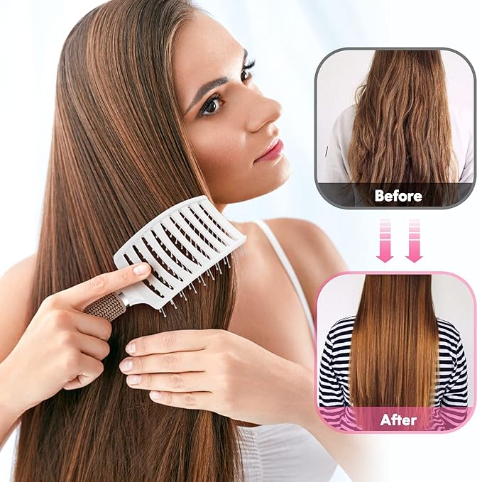 Hair Brush Set, Curved Vented Detangling Hair Brushes for Women Men Kids, Professional Vent Styling Brush for Wet Dry Curly Thick Straight Hair Fast Blow Drying Brush (Pink+ White)