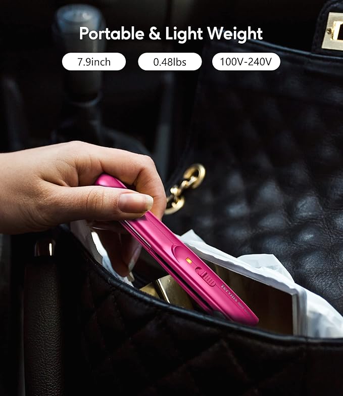 Terviiix Mini Flat Iron for Travel, 1/2'' Small Hair Straightener for Short Hair/Bangs, 0.5'' Portable Ceramic Straightening Irons, Dual Voltage, Pouch Included, Compact Size, Pink