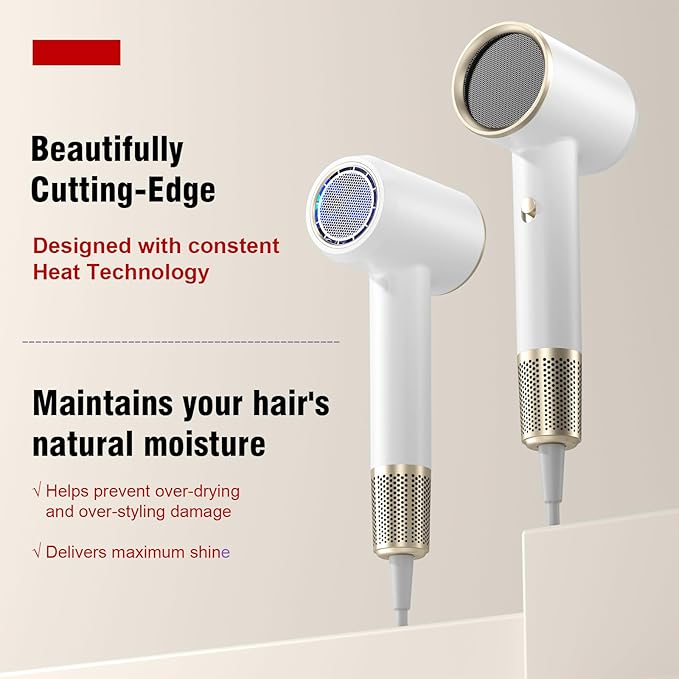Hair Dryer Fast Dry 1200W Professional Ionic Hairdryer, Super Compact & Lightweight with Even Heat Anti-Static, Frizz-Control, Quick Drying, Energy Saving, Hairdryers for Women & Man (White)