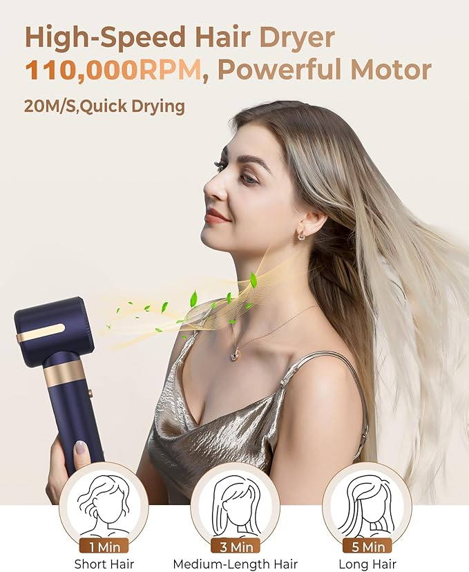 Hair Dryer Brush 7 in 1，110000 RPM Hair Dryer with Diffuser for Curly & Twisted Hair Professional Ionic Brush Blow Dryer for Salon-Quality Styling (Blue Gold)