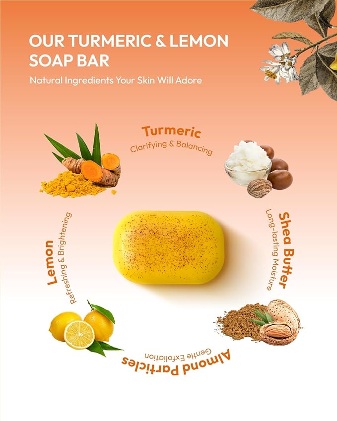Lemon Turmeric Kojic Acid Soap – Exfoliating Soap with Almond Particles for Dark Spots, Vitamin C and Extra Shea Butter, Gentle Brightening & Moisturizing for Face and Body – 105g x 2 Bars