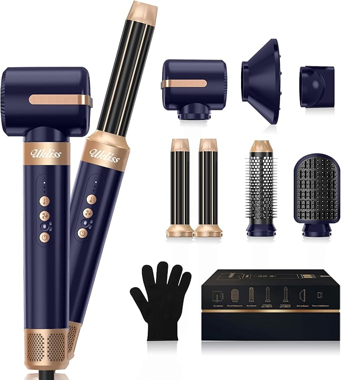 Hair Dryer Brush 7 in 1，110000 RPM Hair Dryer with Diffuser for Curly & Twisted Hair Professional Ionic Brush Blow Dryer for Salon-Quality Styling (Blue Gold)