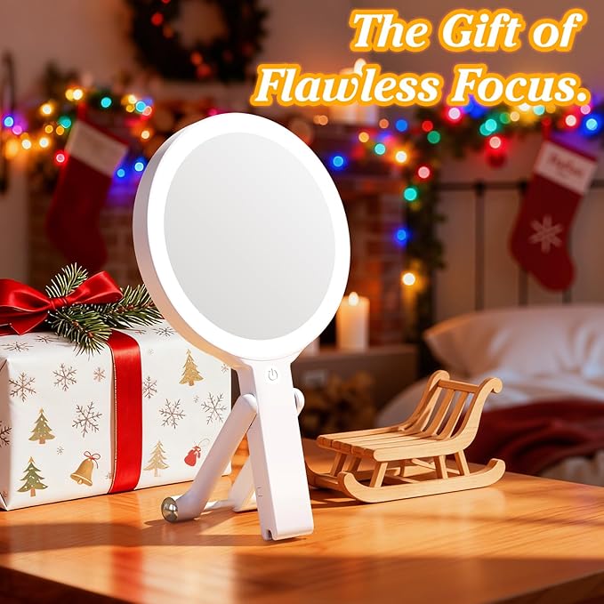 Auxmir Travel Makeup Mirror with Lights, 30X/1X Double-Sided Magnifying Mirror, Rechargeable Lighted Hand Mirror with 3 Color Lighting & Adjustable Brightness Tabletop Hanging Portable Handheld