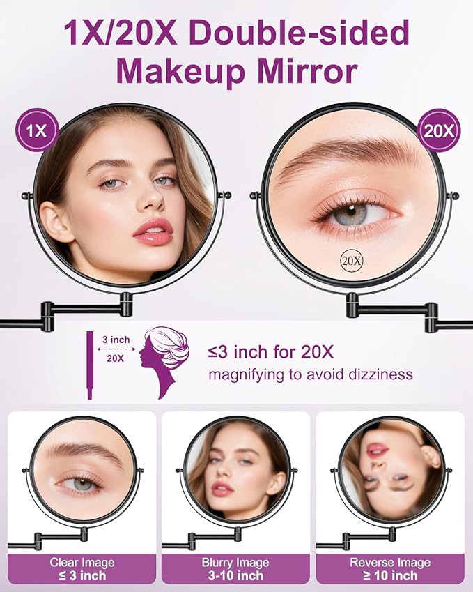 20X/1X Wall Mounted Makeup Mirror, 9 Inch Double Sided Magnifying Bathroom Mirror, Large Size 360° Swivel Extendable Vanity Mirror for Shaving, Black