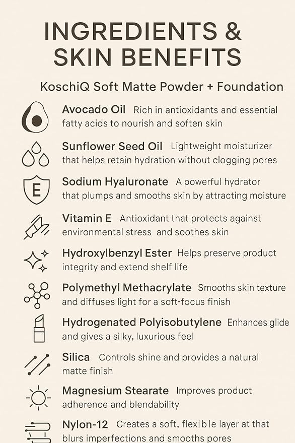 Koschiq Soft Matte Powder + Foundation – 2-in-1 Compact with Oil Control & Blurring Effect | Longwear, Buildable Matte Finish | K-50. Medium with warm neutral undertone