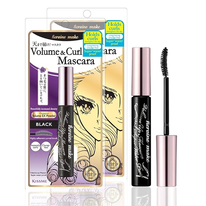 HEROINE MAKE by KISSME Volumizing Mascara Waterproof & Curvy Brush for Eye Makeup | Waterproof Mascara Volume & Length by Defining Fiber for Long-lasting Natural Eyelash Look, from Japan, Black, 2 EA