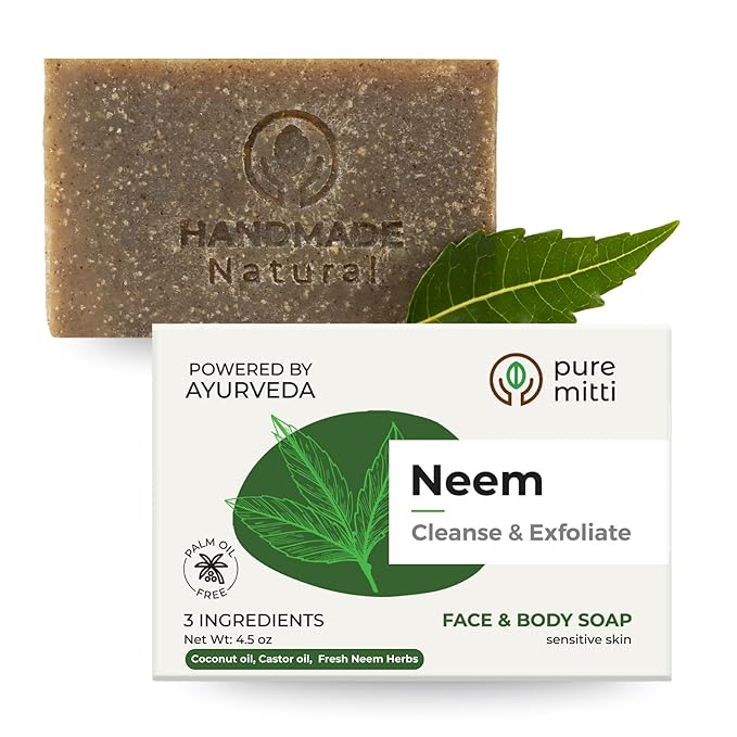 Neem Face, Body Bar Soap 4.5 oz | Ayurvedic Exfoliating, Cleansing Bar with Coconut Oil, Castor Oil | Gentle Bath Soaps for Face Wash, Body Wash | Soft Soap for Daily Use, All Skin Types